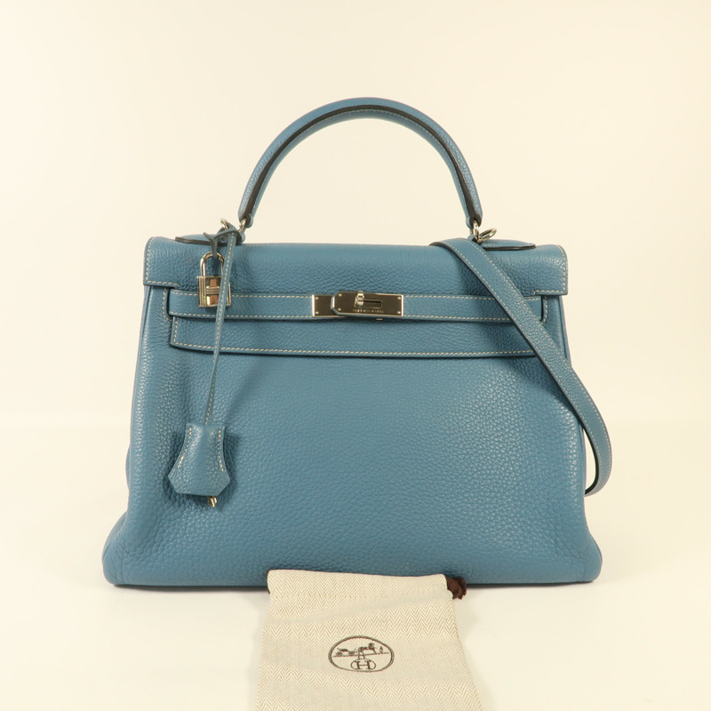 HERMES Togo皮革Kelly 32銀扣手挽肩背兩用袋Blue Jean-15