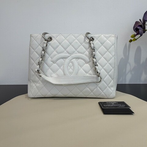 Chanel香奈兒 絕版 GST 銀扣荔枝皮 白色 肩背包 托特包