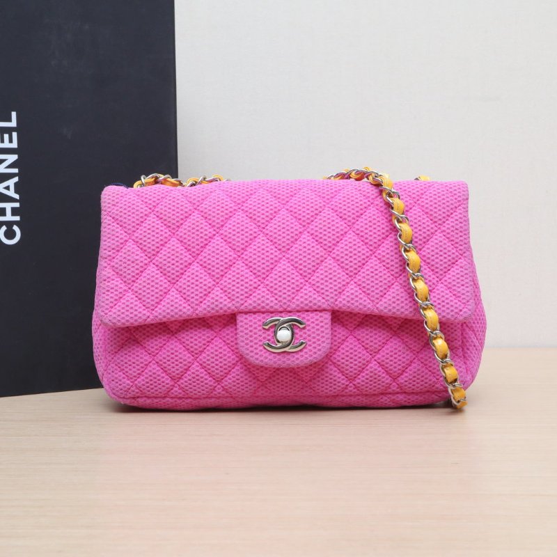 CHANEL 玫紅帆布13開銀扣CF季節款中號25口蓋包肩背包-0