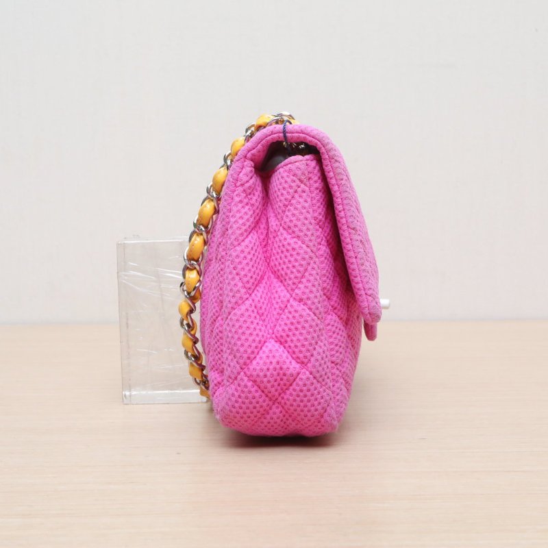 CHANEL 玫紅帆布13開銀扣CF季節款中號25口蓋包肩背包-3