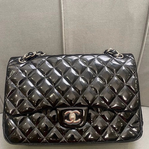 Chanel香奈兒 cf jumbo 黑銀漆皮菱格紋口蓋包 單肩斜挎鏈條包 30*20*10