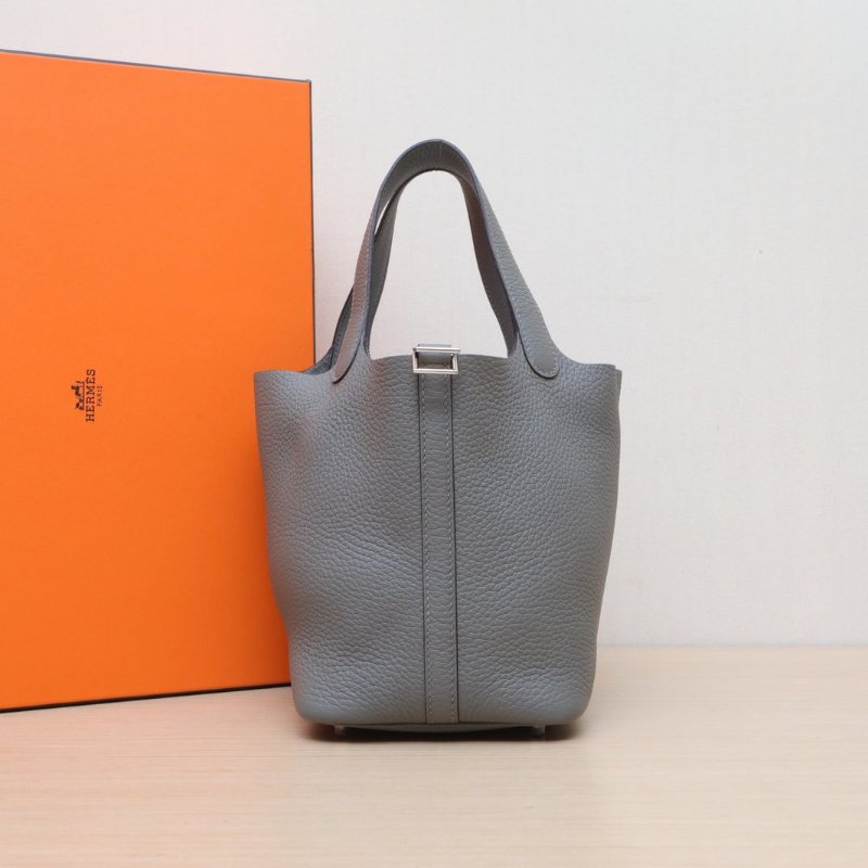 HERMES Picotin18菜籃子0L積雨雲灰TC皮B刻銀扣肩背包-0