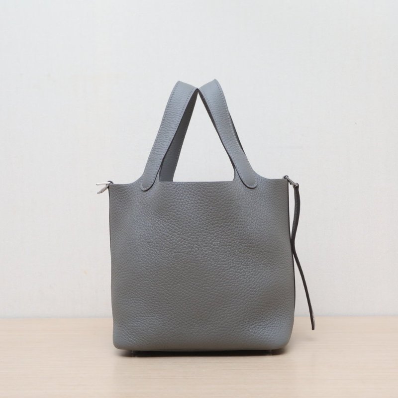 HERMES Picotin18菜籃子0L積雨雲灰TC皮B刻銀扣肩背包-2