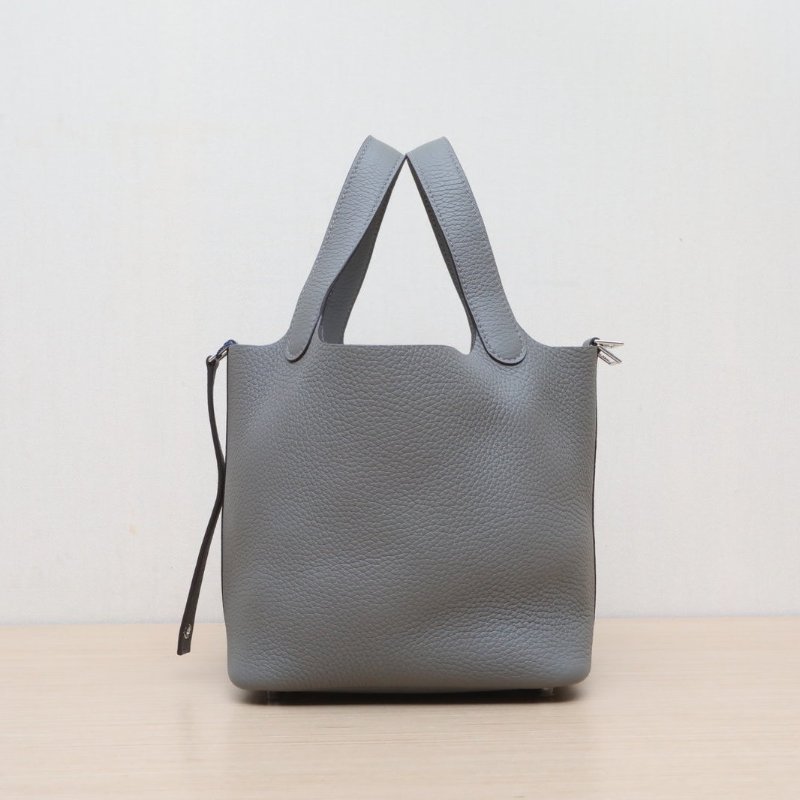 HERMES Picotin18菜籃子0L積雨雲灰TC皮B刻銀扣肩背包-3