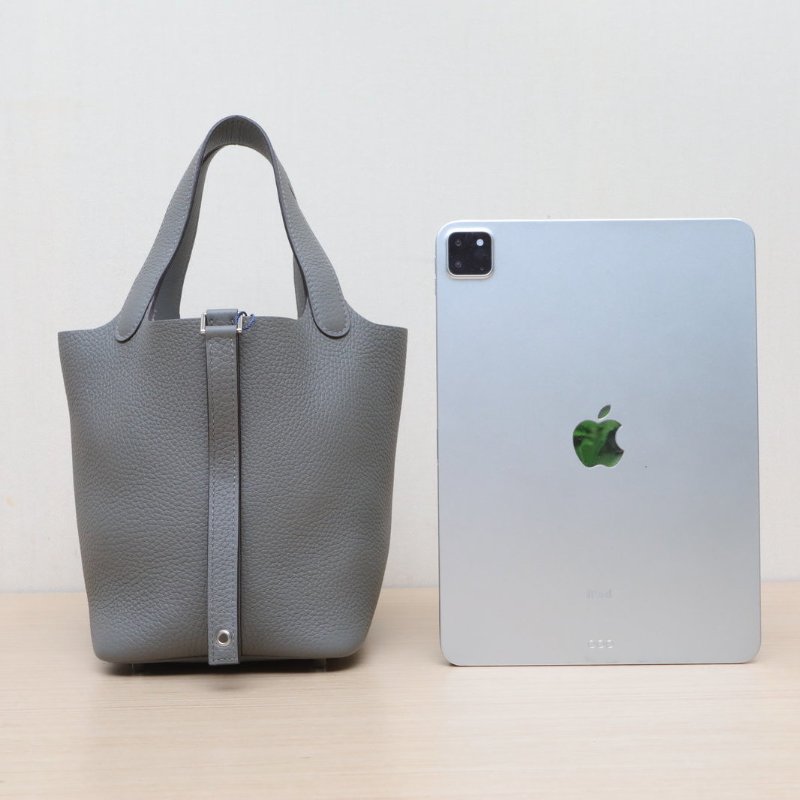 HERMES Picotin18菜籃子0L積雨雲灰TC皮B刻銀扣肩背包-4