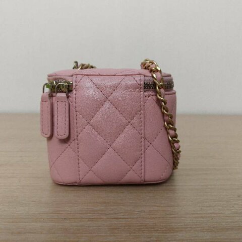 CHANEL 方盒子化妝包帶鏡子11粉色牛皮鐳射標金扣金球調節扣肩帶肩背包