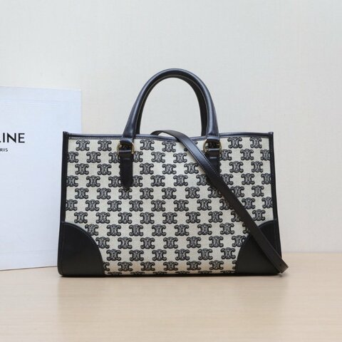 CELINE 黑白帆布金扣Cabas熊貓配色凱旋門托特包小號肩背包