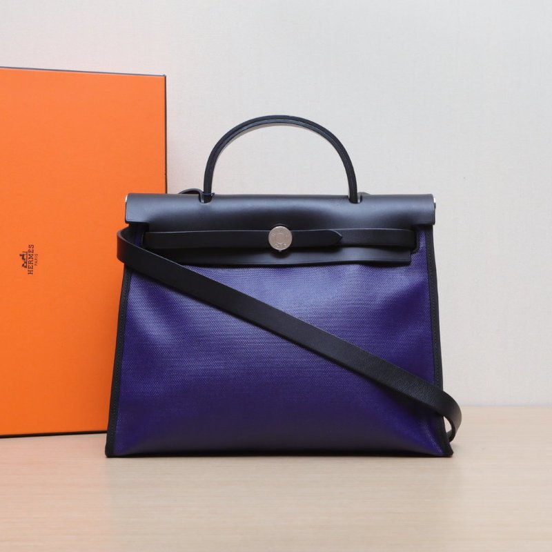 HERMES Herbag31防水帆布89黑色拼M3水墨藍防水帆布/Hunter牛皮D刻銀扣肩背包-0