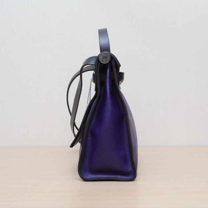 HERMES Herbag31防水帆布89黑色拼M3水墨藍防水帆布/Hunter牛皮D刻銀扣肩背包-3