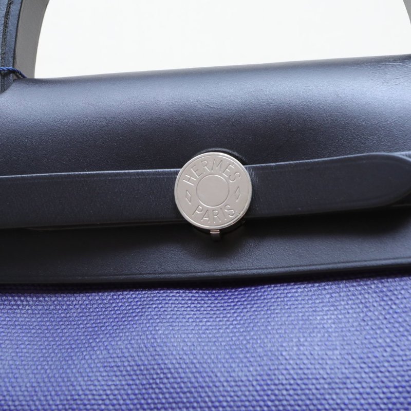 HERMES Herbag31防水帆布89黑色拼M3水墨藍防水帆布/Hunter牛皮D刻銀扣肩背包-4