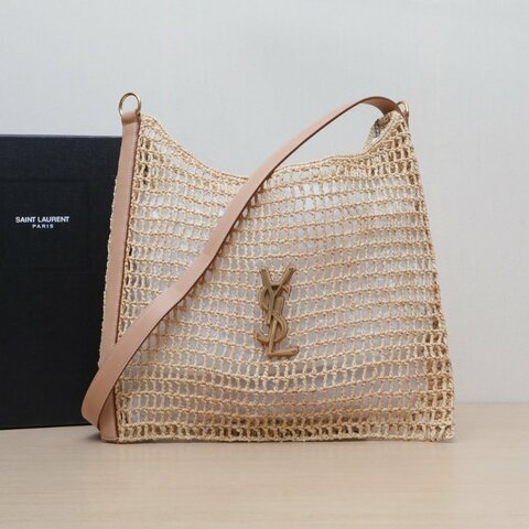 SAINT LAURENT 卡其色草編金扣Oxalis鏤空拉菲織托特包肩背包