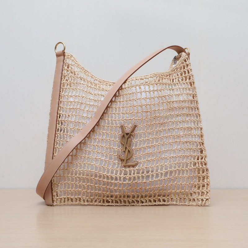 SAINT LAURENT 卡其色草編金扣Oxalis鏤空拉菲織托特包肩背包-1