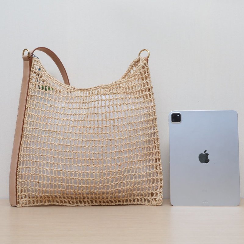 SAINT LAURENT 卡其色草編金扣Oxalis鏤空拉菲織托特包肩背包-4