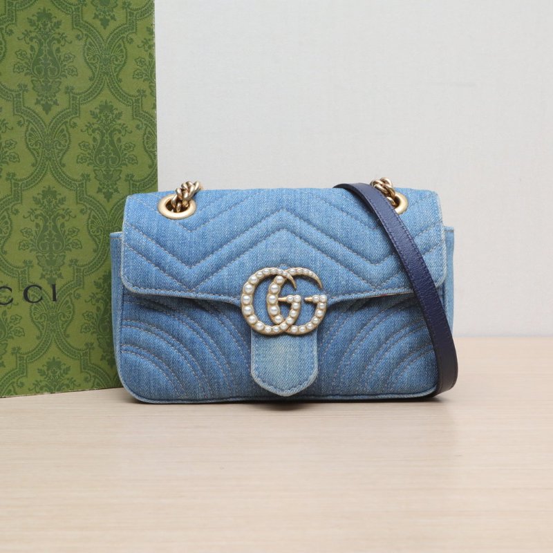 GUCCI 藍色牛仔布珍珠扣GGMarmont肩背包mini22肩背包-0