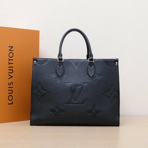 LOUIS VUITTON Onthego中號35黑色牛皮晶片老花壓紋肩背包
