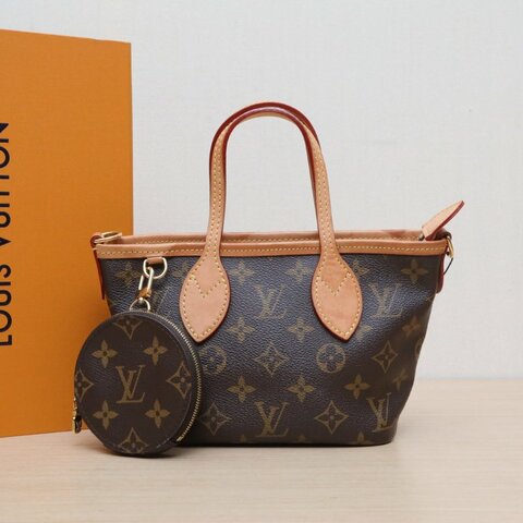 LOUIS VUITTON NeverfullBB24配子袋可拆卸米棕寬肩帶老花PVC金扣晶片肩背包