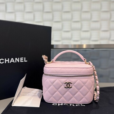 Chanel 22S手柄化妝盒子包 櫻花粉 荔枝牛皮金扣 斜背包肩背包