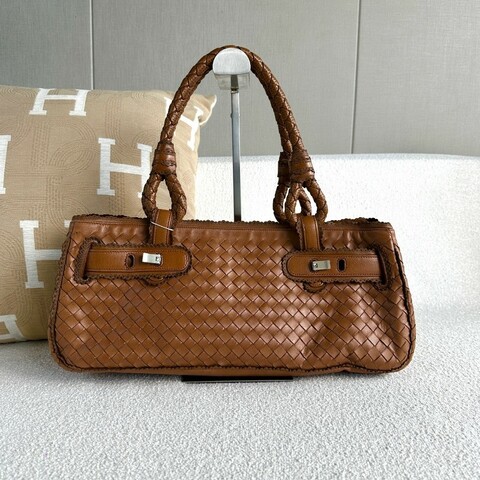 BV葆蝶家 編織手提包 棕色 銀扣 牛皮