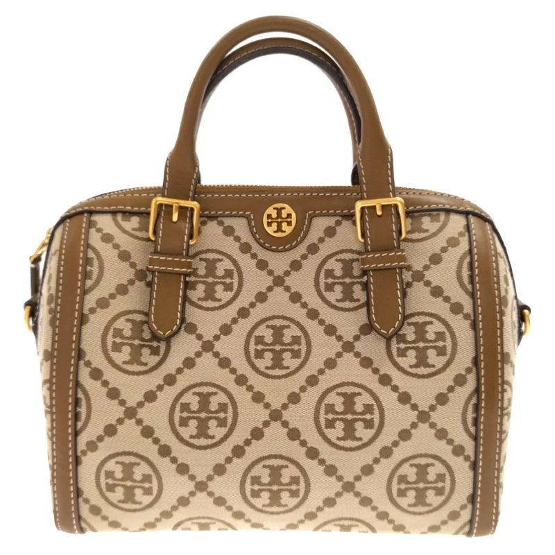 【TORY BURCH】滿版LOGO緹花皮革兩用包-卡其-0