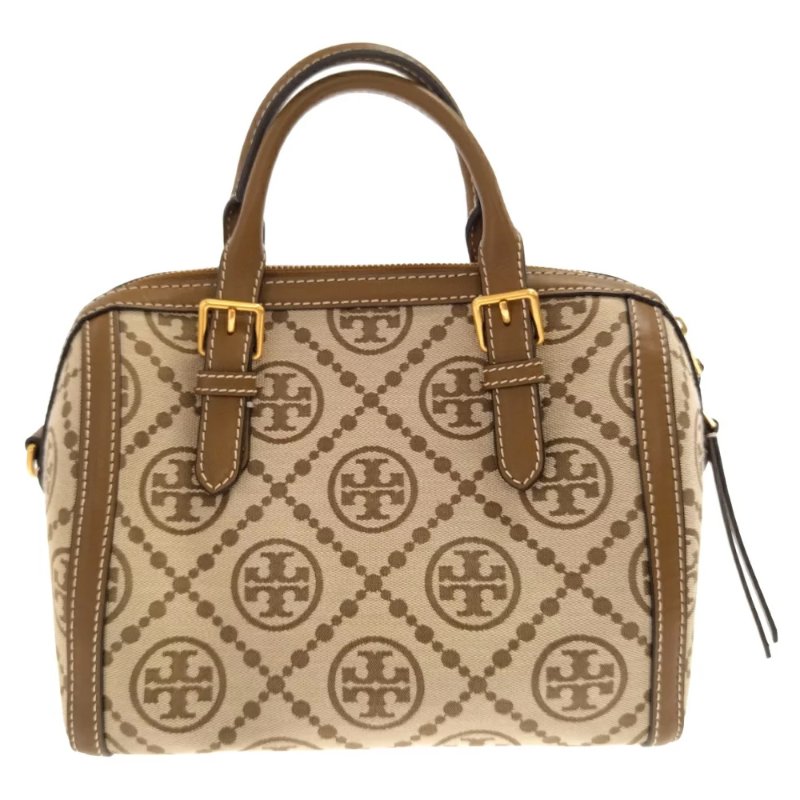 【TORY BURCH】滿版LOGO緹花皮革兩用包-卡其-1