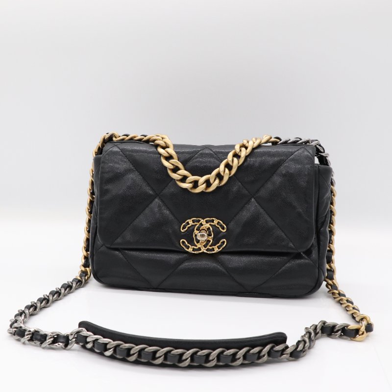 Chanel 香奈兒 19Bag 小號 26 黑色 牛皮 菱格紋 淡金色 鏈條包 斜挎包 單肩包-0