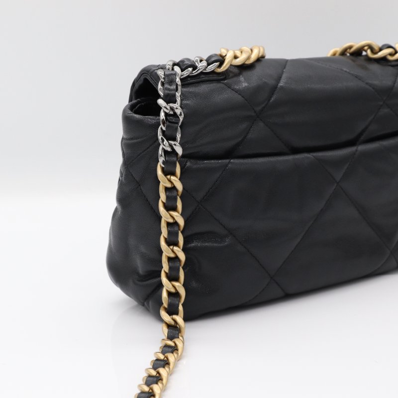 Chanel 香奈兒 19Bag 小號 26 黑色 牛皮 菱格紋 淡金色 鏈條包 斜挎包 單肩包-6