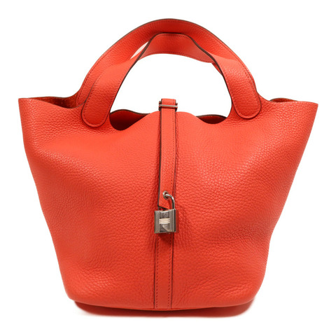 HERMES Clemence皮革Picotin MM銀扣手挽袋Orange Poppy