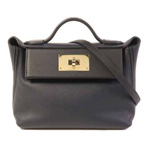 HERMES Evercolor/Swift皮革24/24 Mini金扣手挽肩背兩用袋Bleu Nuit