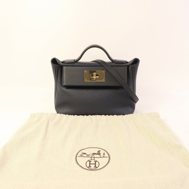 HERMES Evercolor/Swift皮革24/24 Mini金扣手挽肩背兩用袋Bleu Nuit-9