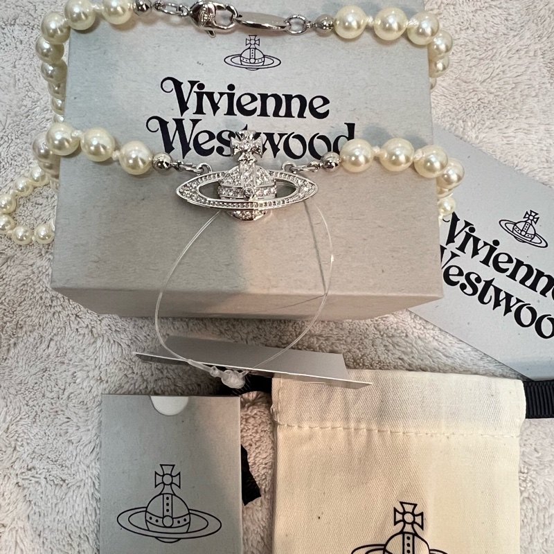 Vivienne Westwood珍珠水鑽土星項鍊-0