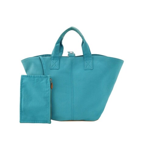 Hermes牛皮按扣沙灘包手提包帆布銀扣淺藍色