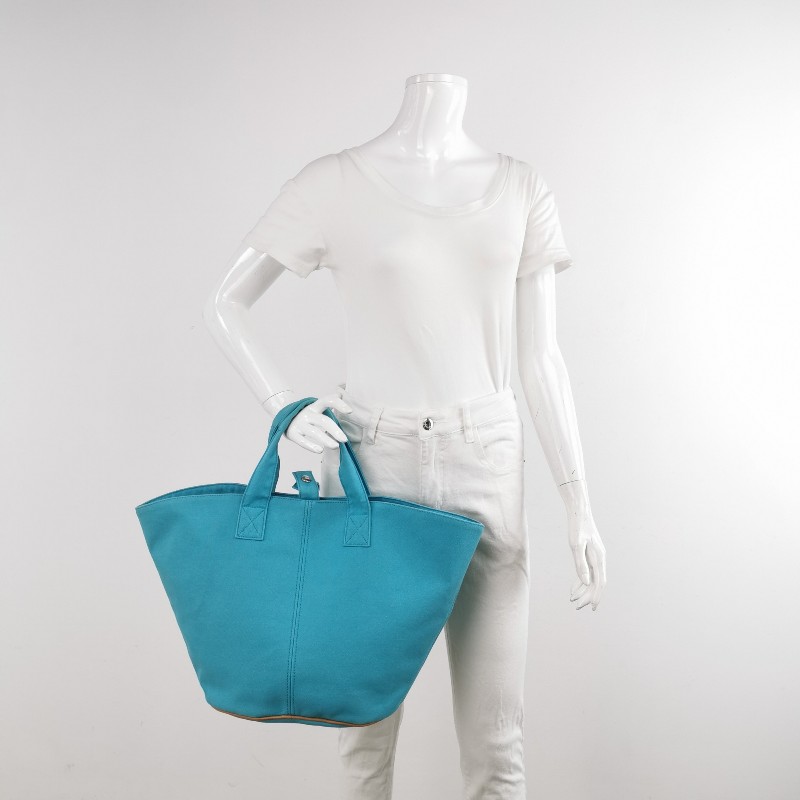 Hermes牛皮按扣沙灘包手提包帆布銀扣淺藍色-1