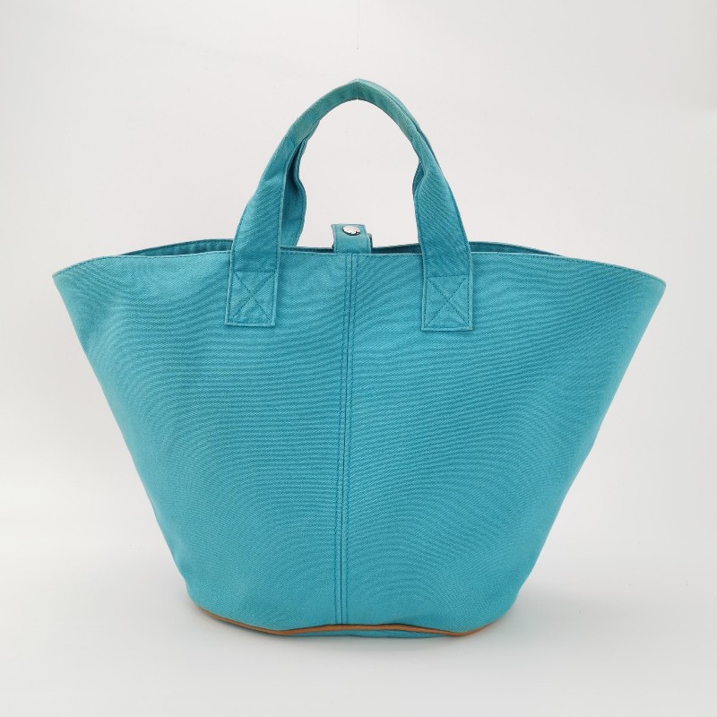 Hermes牛皮按扣沙灘包手提包帆布銀扣淺藍色-2