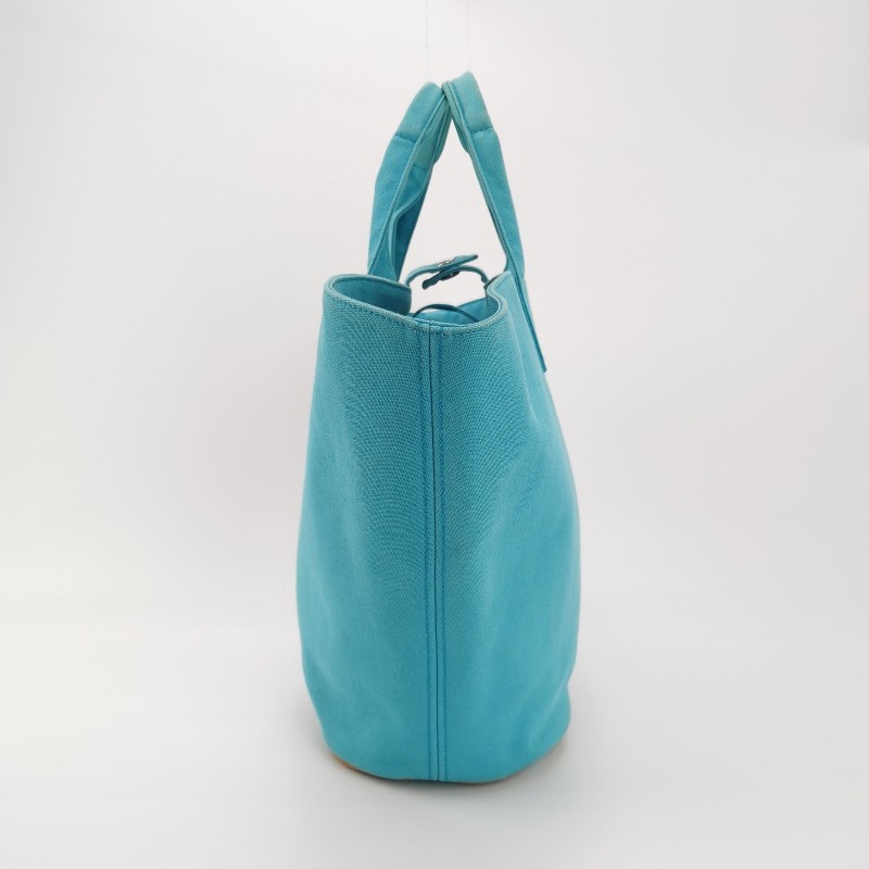 Hermes牛皮按扣沙灘包手提包帆布銀扣淺藍色-3