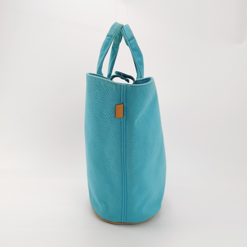 Hermes牛皮按扣沙灘包手提包帆布銀扣淺藍色-4