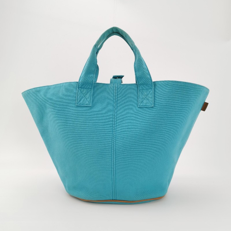 Hermes牛皮按扣沙灘包手提包帆布銀扣淺藍色-5