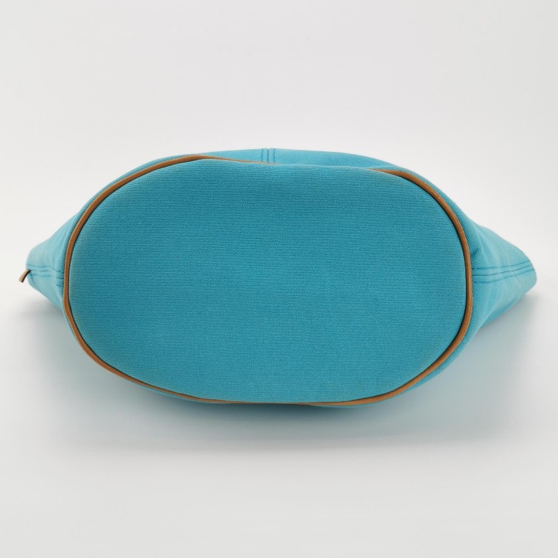 Hermes牛皮按扣沙灘包手提包帆布銀扣淺藍色-6