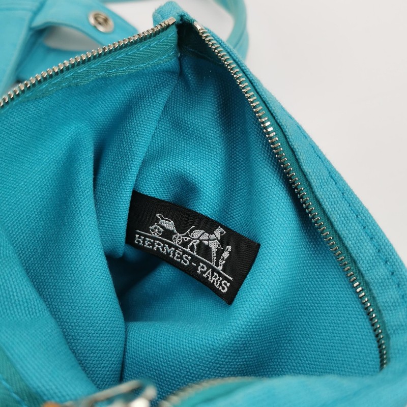 Hermes牛皮按扣沙灘包手提包帆布銀扣淺藍色-8