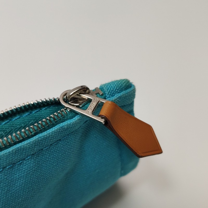 Hermes牛皮按扣沙灘包手提包帆布銀扣淺藍色-10