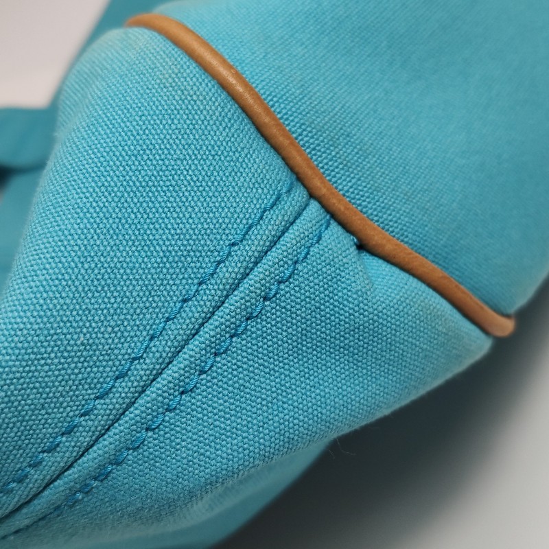 Hermes牛皮按扣沙灘包手提包帆布銀扣淺藍色-15