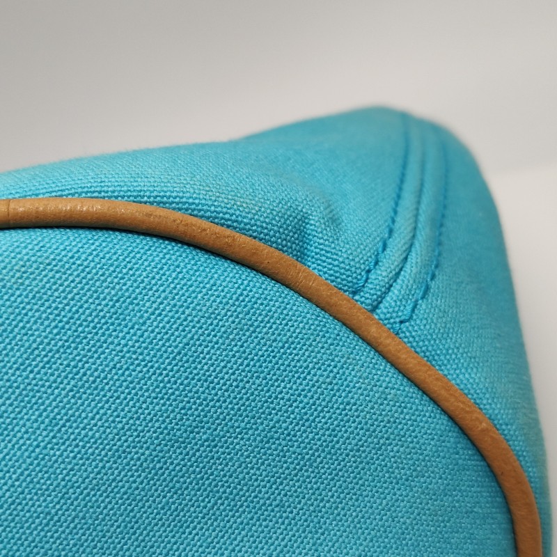 Hermes牛皮按扣沙灘包手提包帆布銀扣淺藍色-20