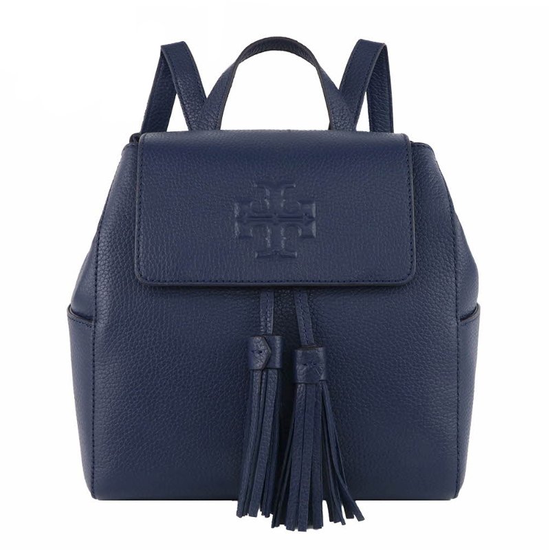 【TORY BURCH】素色荔枝皮革翻蓋磁釦束口後背包-深藍-0