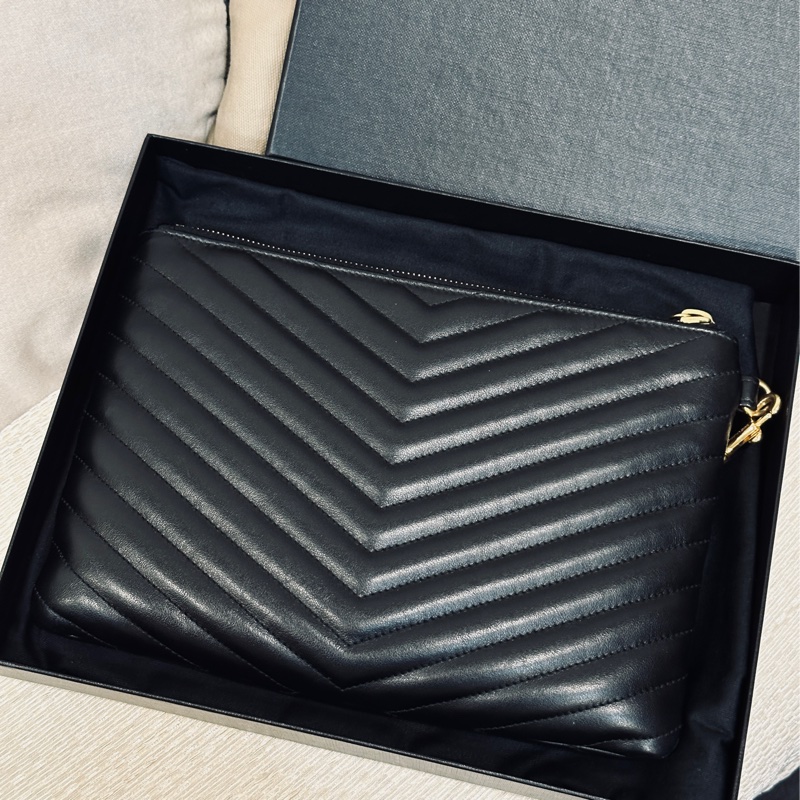 #全網最低 #全配 #98新閒置 Ysl黑金山形文牛皮收納包-3