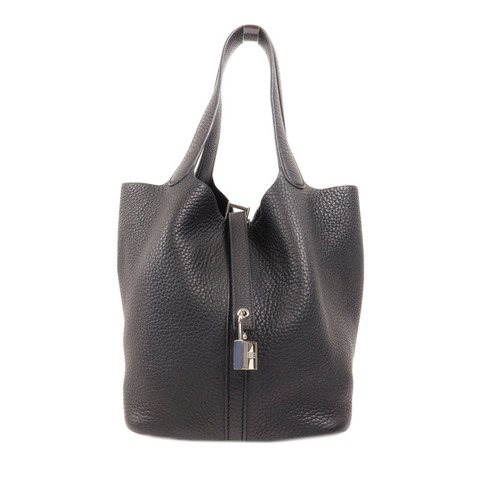 HERMES Clemence皮革Picotin MM銀扣手挽袋Noir