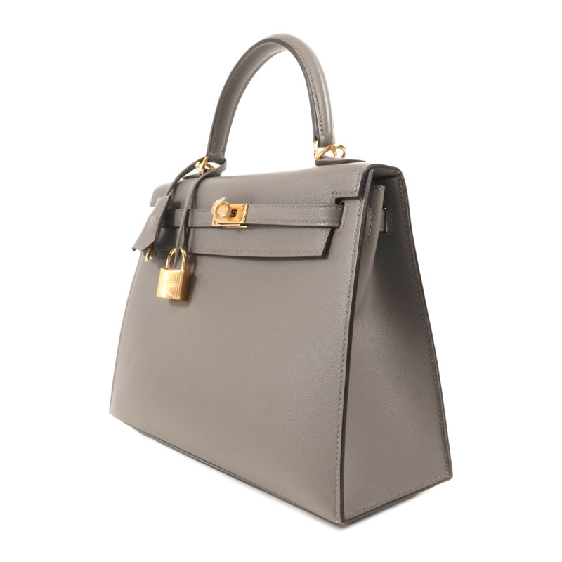 HERMES Madame皮革Kelly 25金扣手挽肩背兩用袋Gris Meyer-2