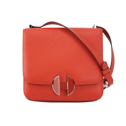 Hermes 2002系列圓形H鎖釦純色斜挎包Evercolor牛皮琺琅扣5X辣椒紅C刻