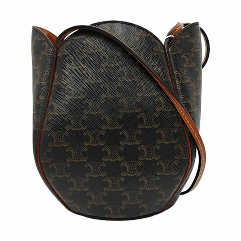 CELINE 水桶包 棕色塗層帆布肩背包斜背包手提包 金色五金