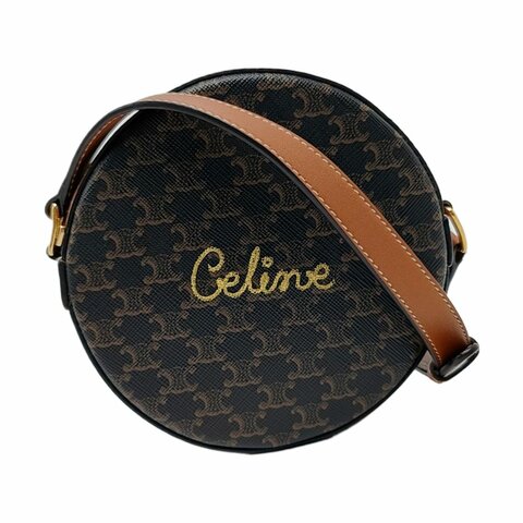 CELINE 圓餅包 棕色塗層帆布凱旋門肩背包斜背包 金色五金