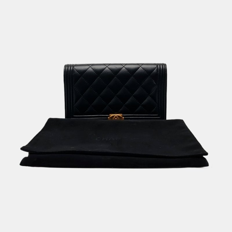CHANEL LEBOY 黑色羊皮菱格纹錢包 銀包 長夾 金色五金-6