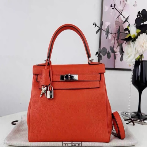 【98新】HERMES/ 愛馬仕KELLY28 火焰橙 銀扣 TOGO皮 T刻 配件 鎖鑰匙 塵袋